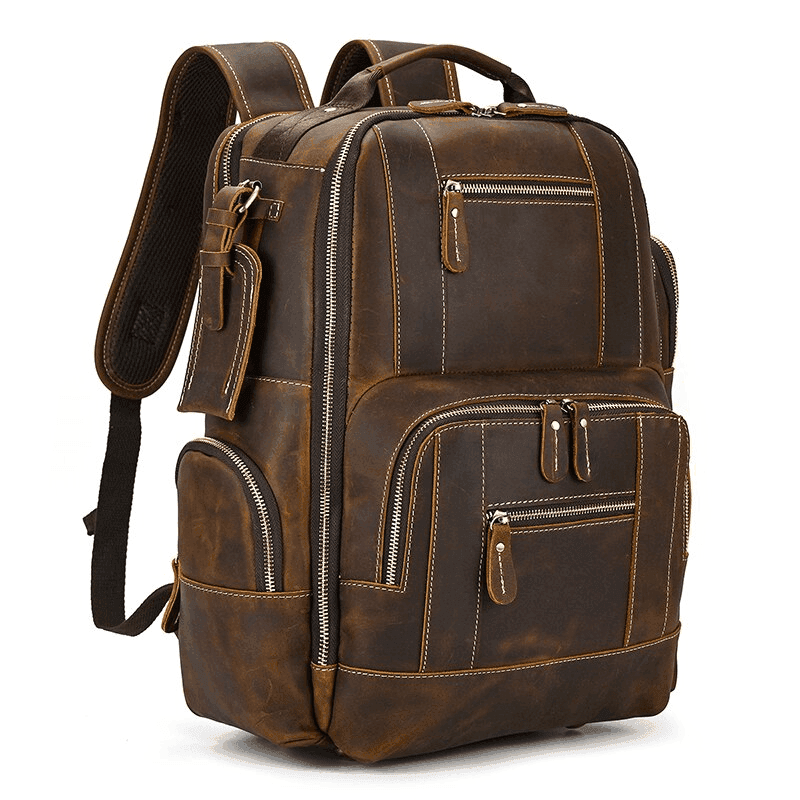 Brown leather style travel backpack with multiple compartments and durable design for stylish travelers