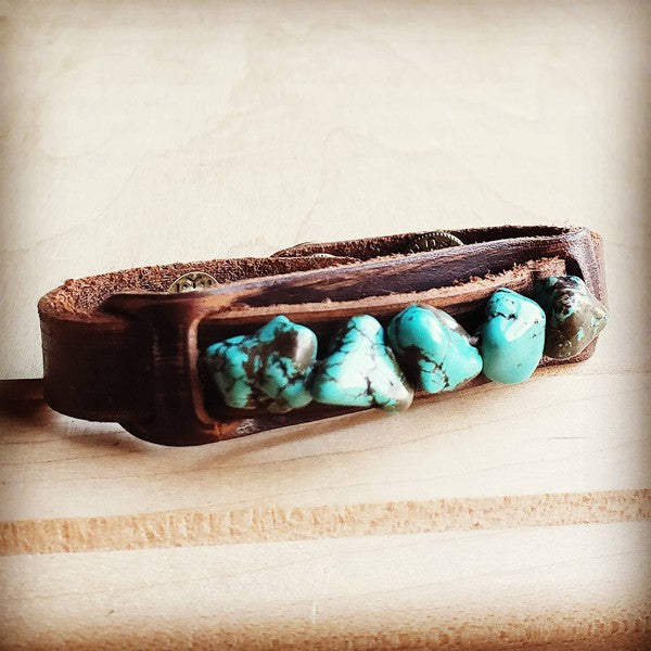 Leather turquoise cuff bracelet featuring natural stones on a stylish dark leather band