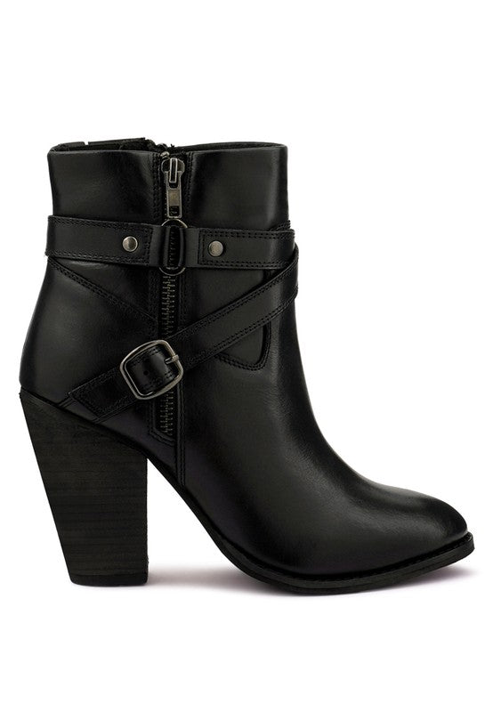 Rag Company women's leather vacation boots with heel featuring a stylish buckle and zip detail