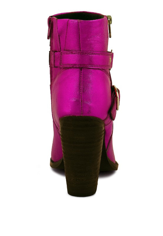 Rag Company women's leather vacation boots with heel in vibrant pink, featuring a stylish buckle detail