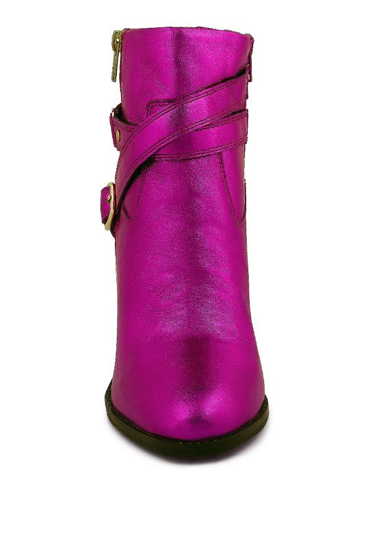 Rag Company shiny pink leather vacation boots with heel featuring stylish buckle and zipper details