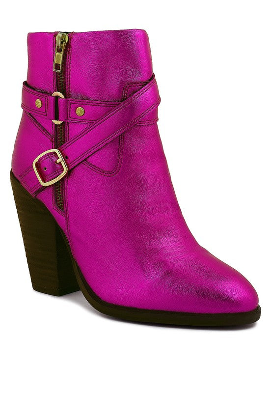 Rag Company vibrant pink leather vacation boots with heel featuring a stylish buckle detail