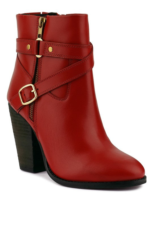 Rag Company Red Leather Vacation Boots with Heel featuring side zipper and buckle detail