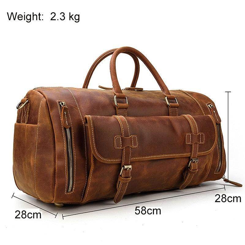 Brown leather weekend bag with shoulder strap showcasing multiple pockets and spacious design