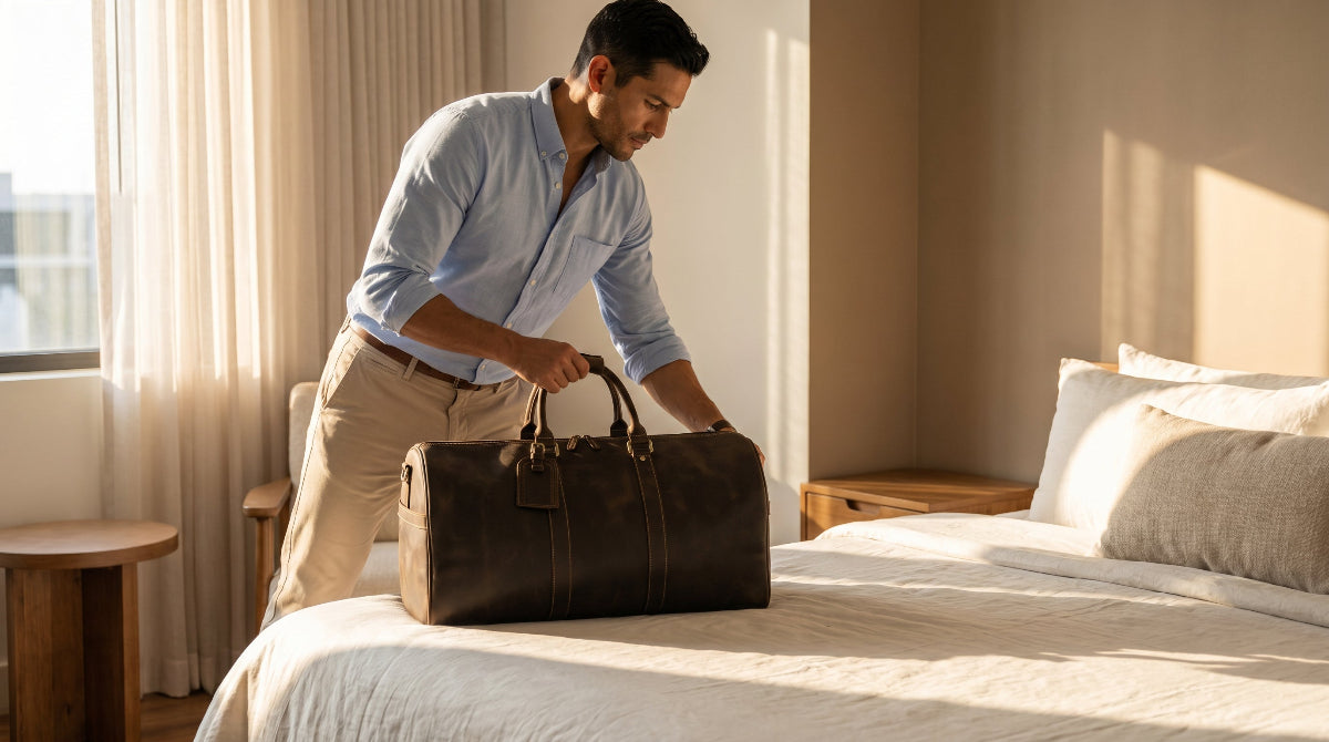 Man placing vintage leather weekender bag on hotel bed, cinematic landscape view with warm morning light