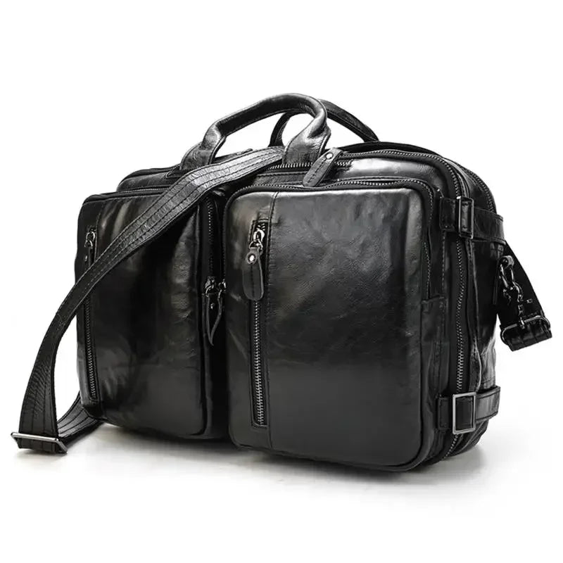 mens 3-in-1 leather combo briefcase backpack in black with dual front zip pockets top handles and shoulder strap