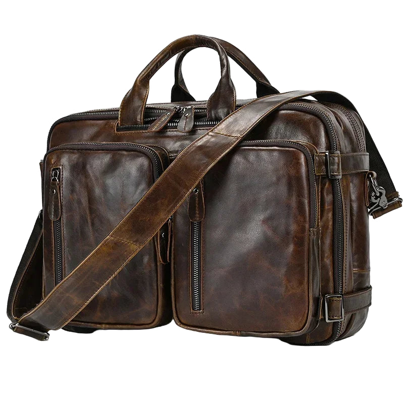 VacationGrabs mens 3-in-1 leather combo briefcase backpack in distressed brown leather with dual front pockets and shoulder strap
