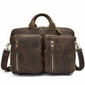 mens 3-in-1 leather combo briefcase backpack in distressed brown leather with dual front zip pockets and detachable strap