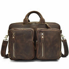 mens 3-in-1 leather combo briefcase backpack in distressed brown leather with dual front zip pockets and detachable strap
