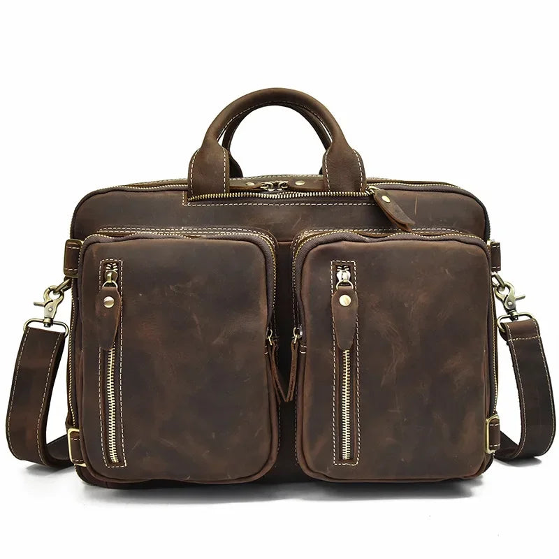 mens 3-in-1 leather combo briefcase backpack in distressed brown leather with dual front zip pockets and detachable strap