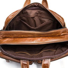 mens 3-in-1 leather combo briefcase backpack open top brown leather showing dual compartments and interior pockets