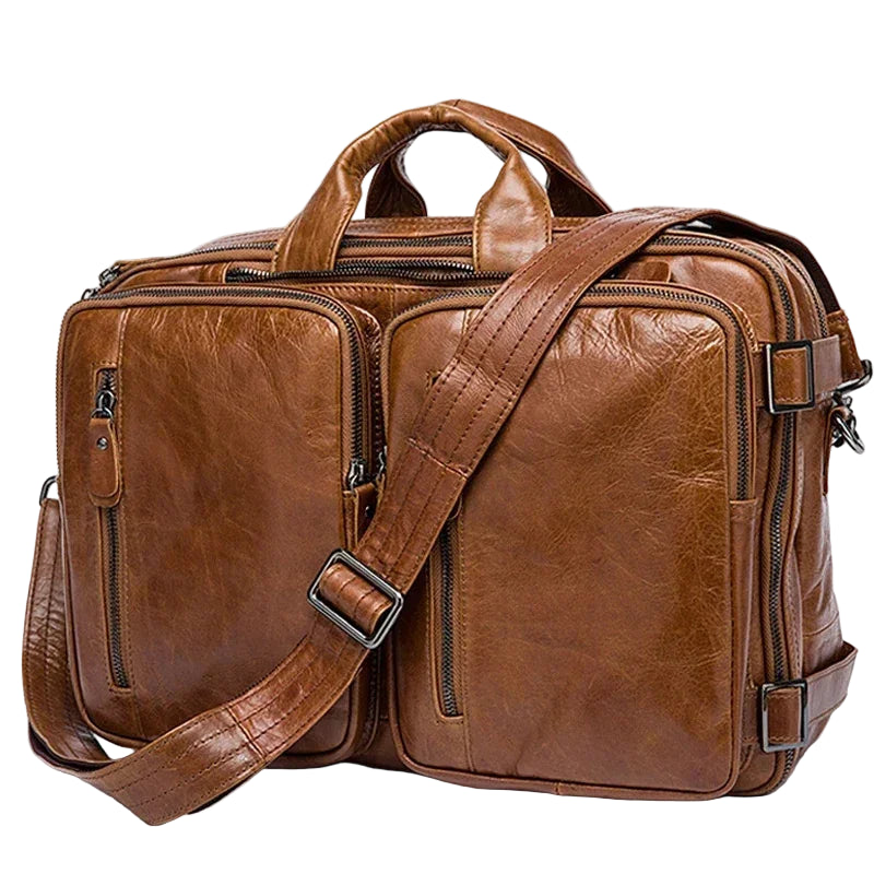 mens 3-in-1 leather combo briefcase backpack cognac brown with dual front pockets handles and adjustable shoulder strap