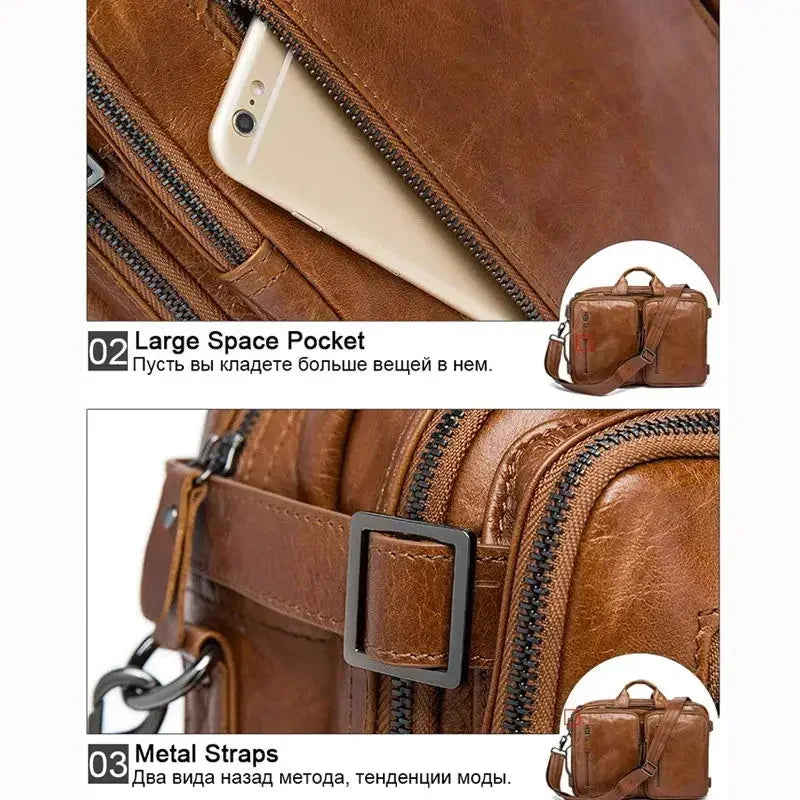 VacationGrabs mens 3-in-1 leather combo briefcase backpack closeup showing brown leather pockets zippers and metal strap buckle
