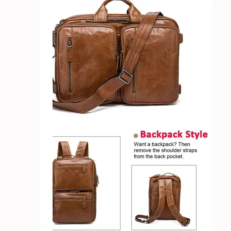 VacationGrabs mens 3-in-1 leather combo briefcase backpack brown convertible business bag with shoulder strap