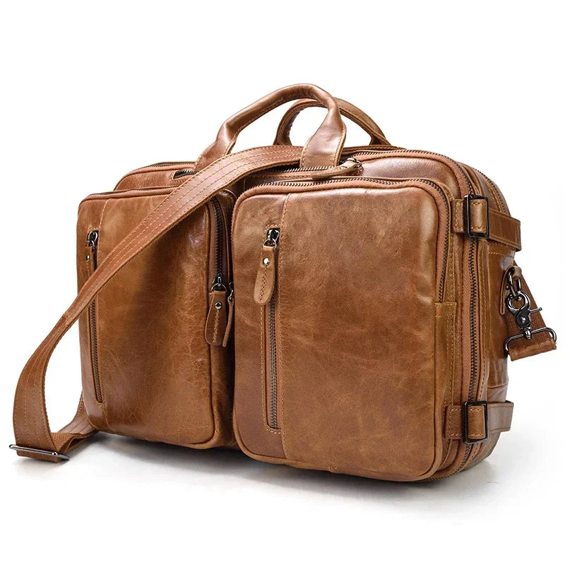 Brown vintage mens 3-in-1 leather combo briefcase backpack with dual front pockets top handles and shoulder strap
