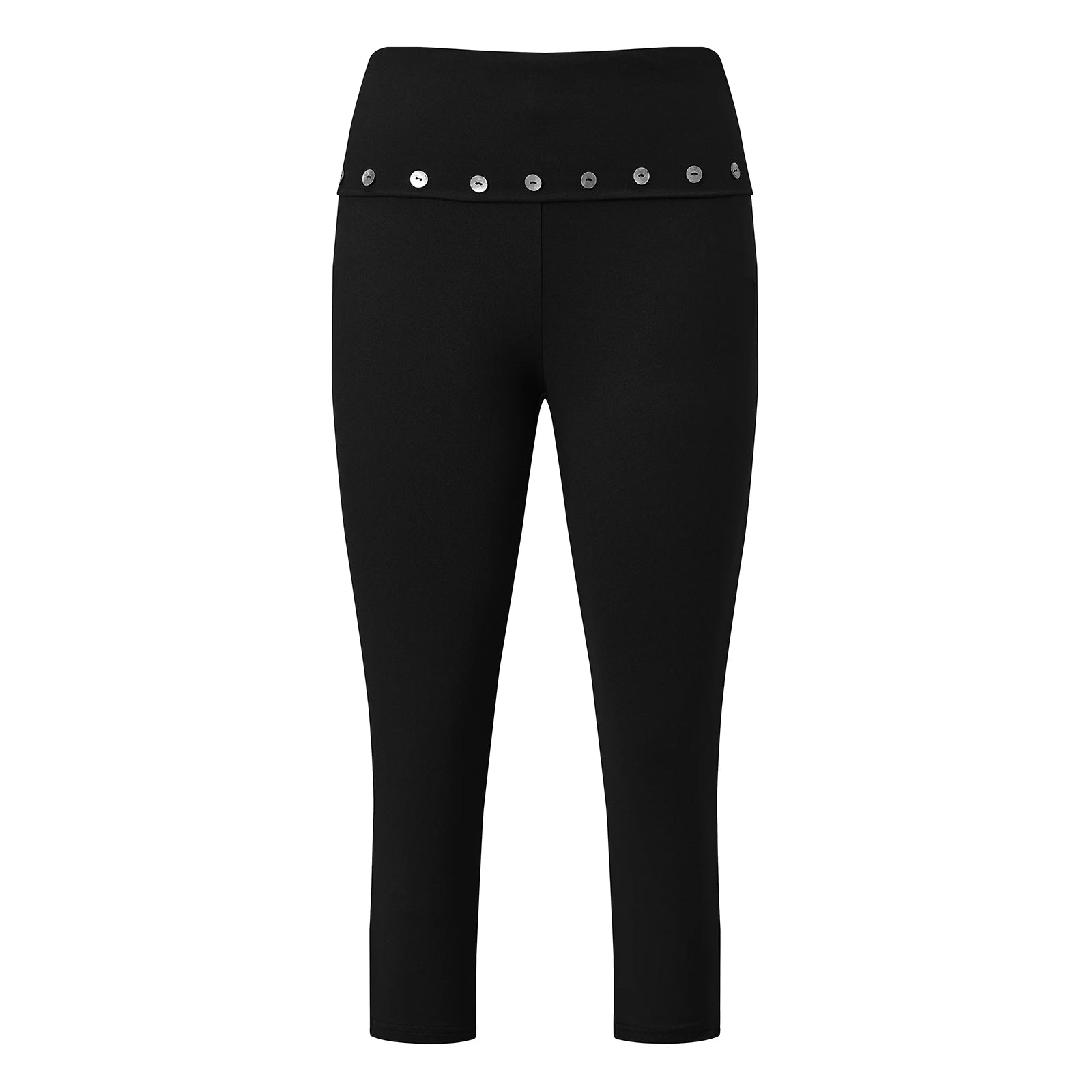 Black capri leggings with stylish button accents, ideal for workouts