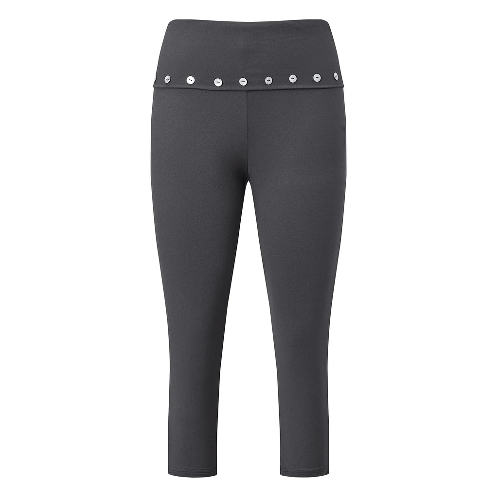 Women's gray capri leggings with stylish button detailing for workouts