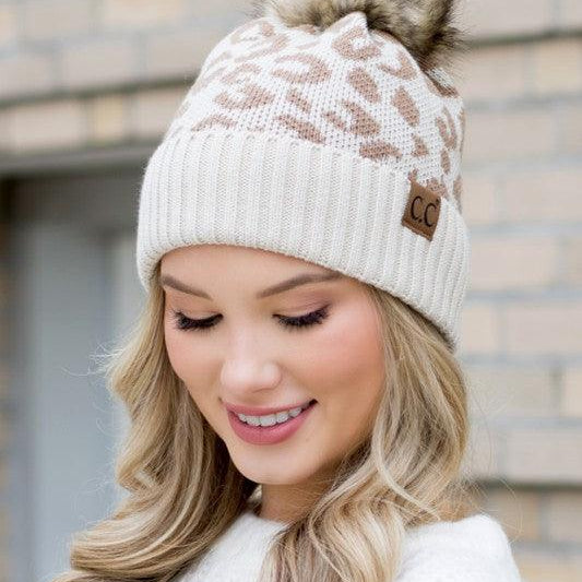 Women's Accessories - Hats Leopard Fur Pom Beanie
