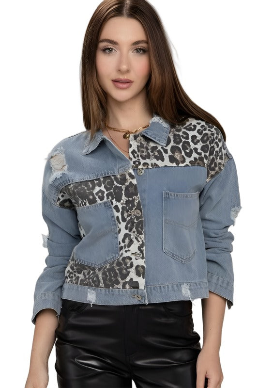 Women's Coats & Jackets Leopard Patchwork Denim Jacket