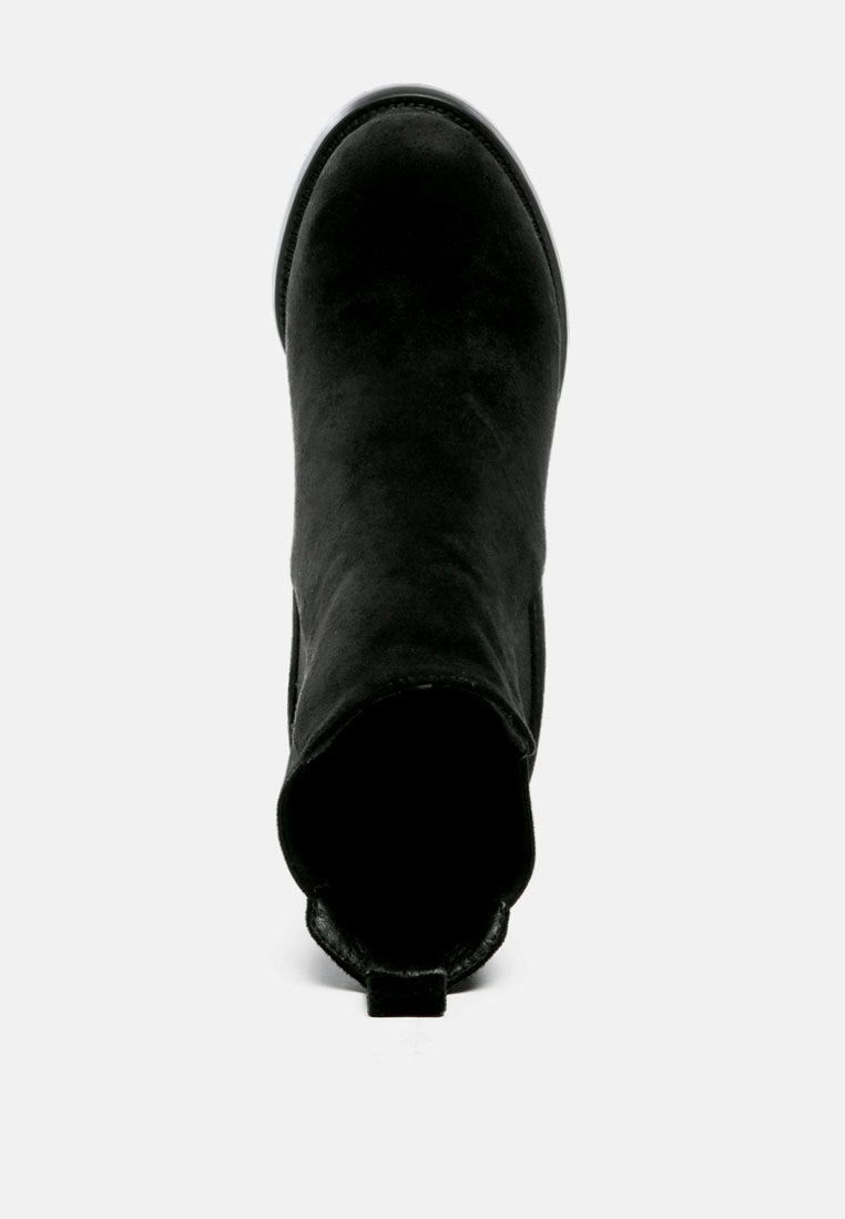 Black suede ankle boots with a sleek design, ideal for pairing with various outfits