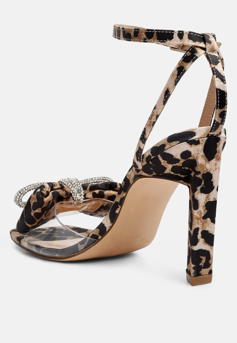 London Rag International leopard print heeled sandals with clear straps and jeweled detail for stylish elegance