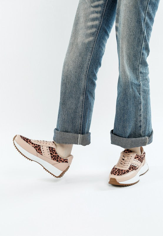 Women's leopard print leather sneakers, stylish casual footwear