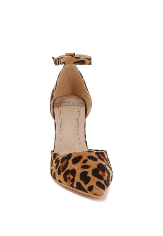 Leopard print stiletto heel sandals, stylish women's footwear for parties