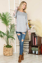 Women's leopard print thumbhole knit shirt in gray and pink with long sleeves and casual styling