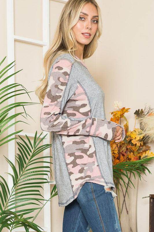 Women's gray shirt with leopard print thumbhole knit and pink camo sleeves for a trendy look