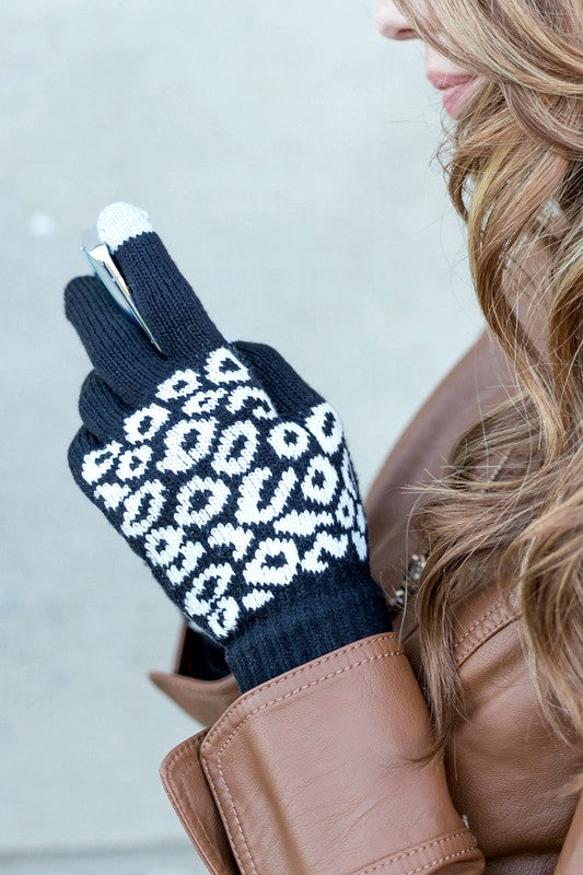 Leopard print touch screen gloves in black and white for stylish smartphone use