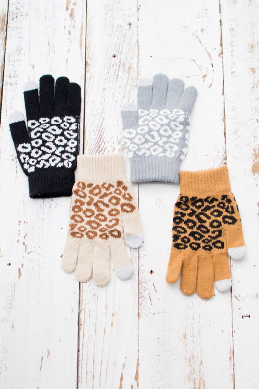 Stylish leopard print touch screen gloves in three color options: black, gray, and brown for added warmth