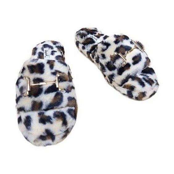 Leopard print womens slippers by Let's See Style with soft fur and stylish buckle detail