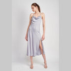 Light Blue Cowl Neck Satin Slip Midi Dress - VacationGrabs