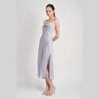 Light Blue Cowl Neck Satin Slip Midi Dress - VacationGrabs