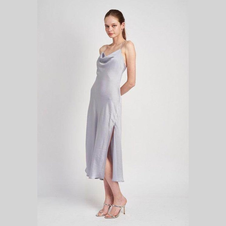 Light Blue Cowl Neck Satin Slip Midi Dress - VacationGrabs