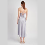 Light Blue Cowl Neck Satin Slip Midi Dress - VacationGrabs
