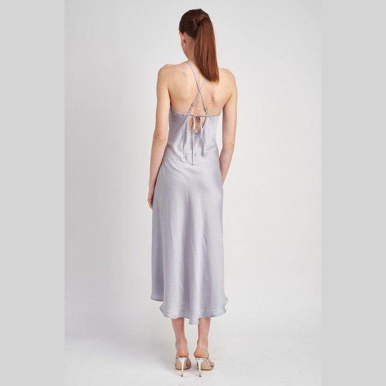 Light Blue Cowl Neck Satin Slip Midi Dress - VacationGrabs
