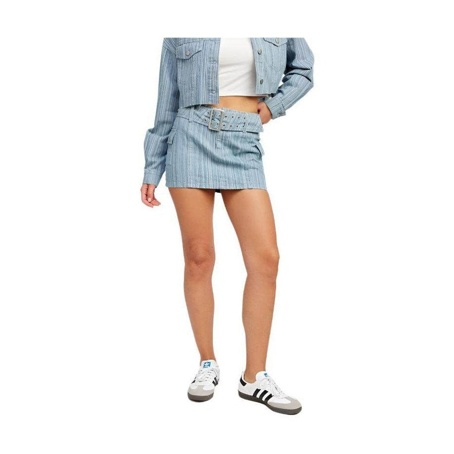 Light Blue Pinstripe Belted Mini Denim Skirt - VacationGrabs