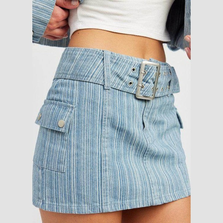 Light Blue Pinstripe Belted Mini Denim Skirt - VacationGrabs