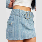 Light Blue Pinstripe Belted Mini Denim Skirt - VacationGrabs