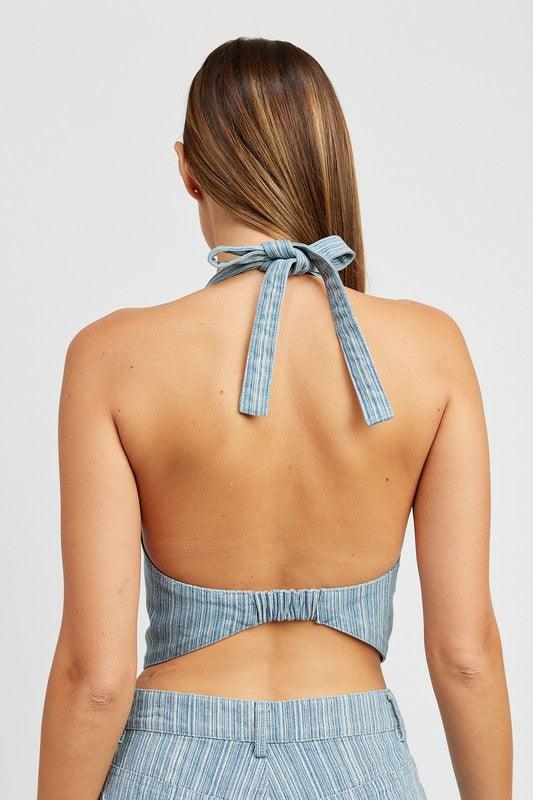 Women's Shirts Light Blue Pinstripe Halter Denim Top With Back Tie