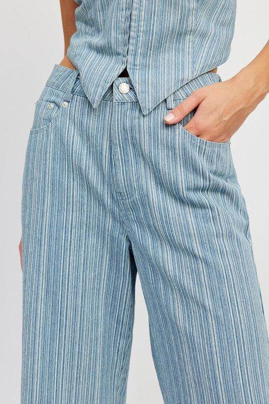 Emory Park light blue pinstripe wide leg pants with a relaxed fit for casual outings