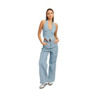 Emory Park light blue pinstripe wide leg pants styled with a matching halter top for a chic look