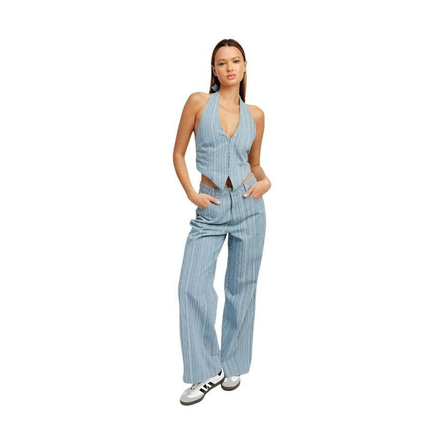 Emory Park light blue pinstripe wide leg pants styled with a matching halter top for a chic look