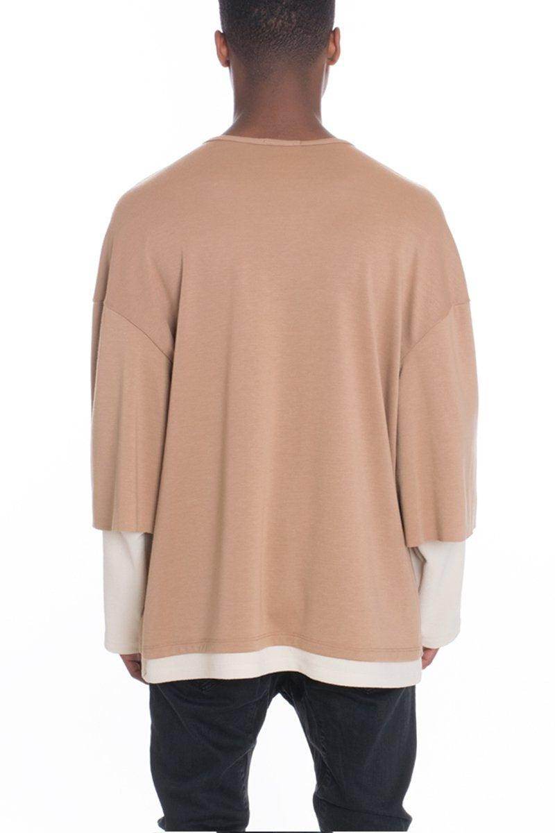 Men's light brown long sleeve tee with a relaxed fit and dropped shoulders from VacationGrabs