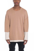 Casual light brown long sleeve tee for men with a relaxed fit and layered design