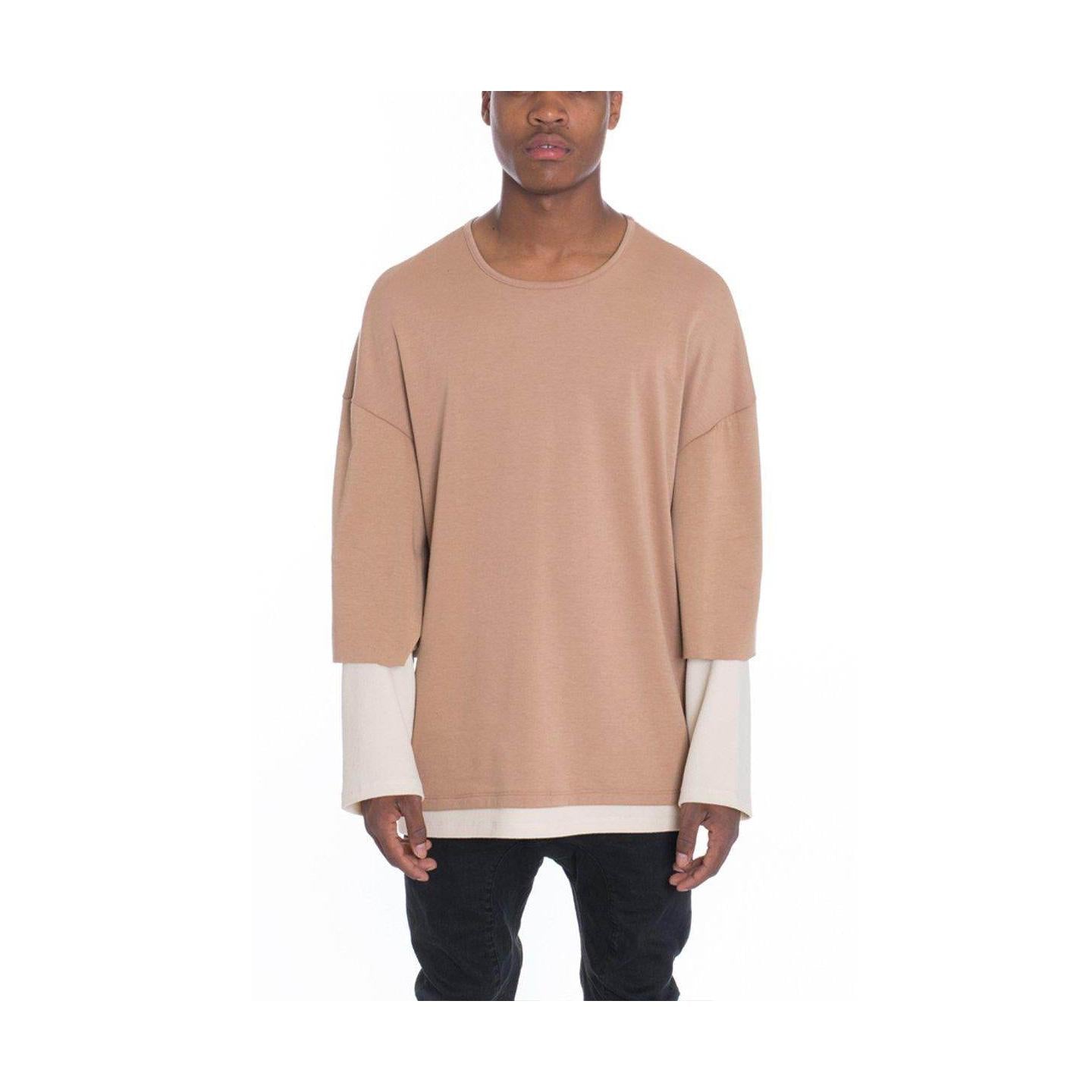 Casual light brown long sleeve tee for men with a relaxed fit and layered design
