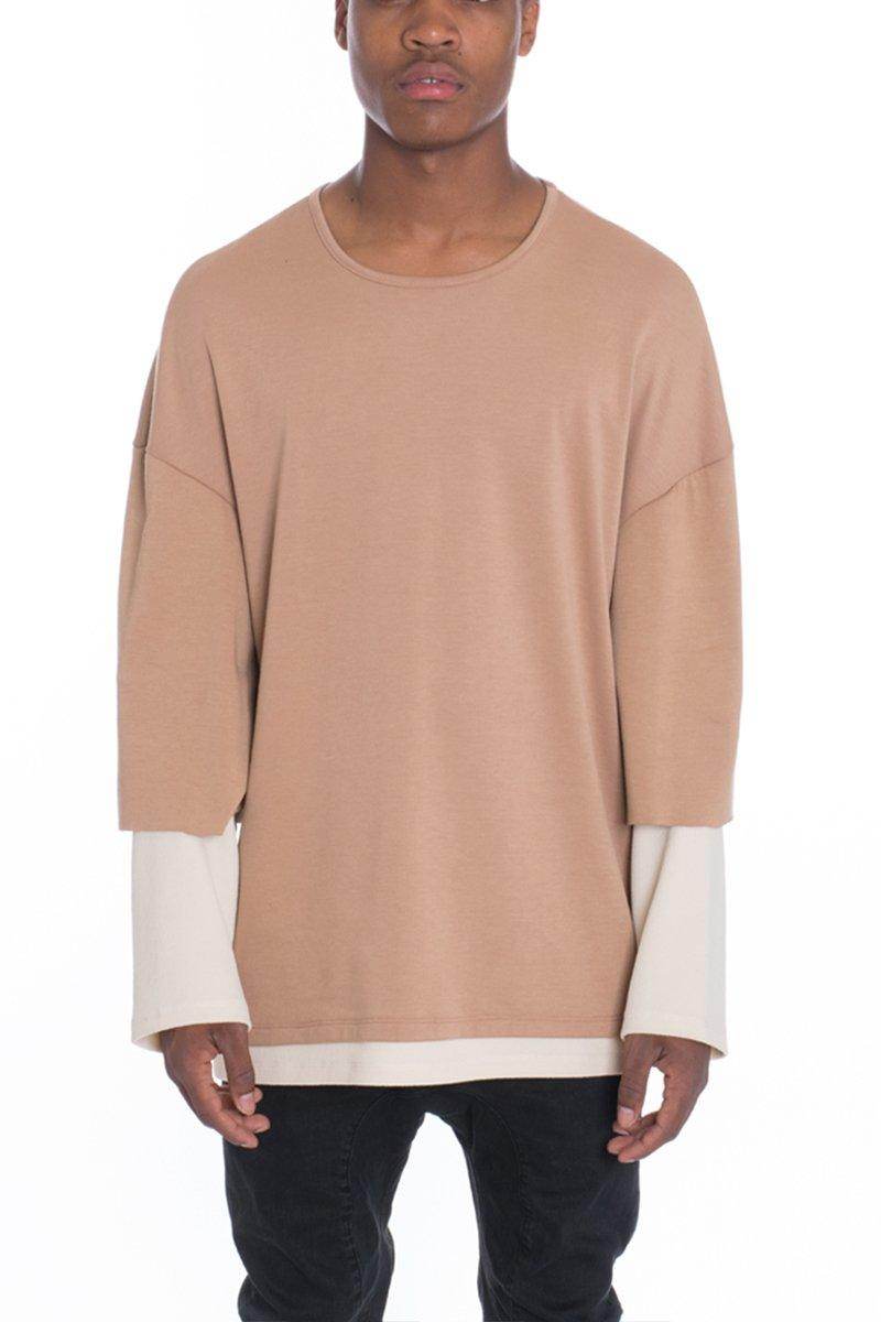Casual light brown long sleeve tee for men with a relaxed fit and layered design