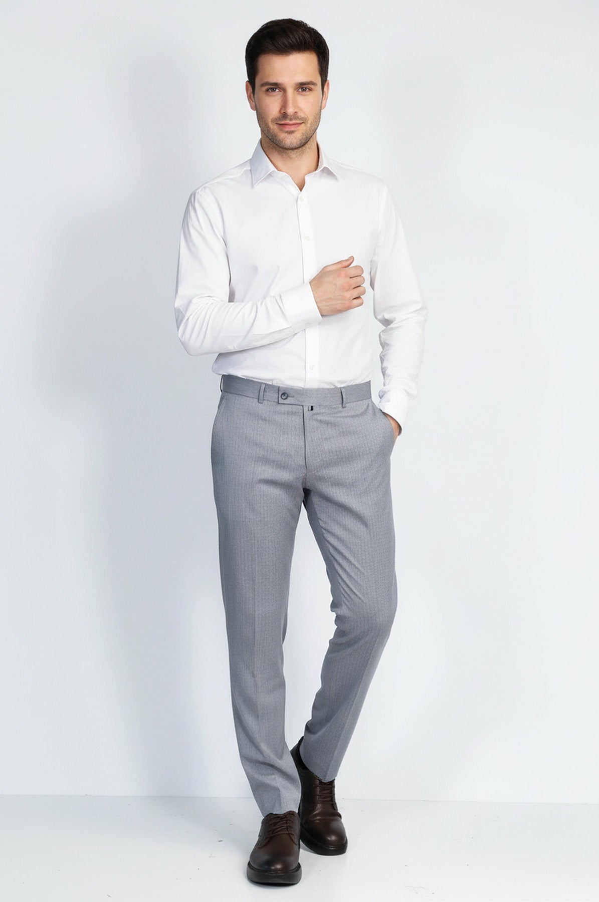 Light Grey Micro Patterned Slim Fit Dress Trousers – styled view