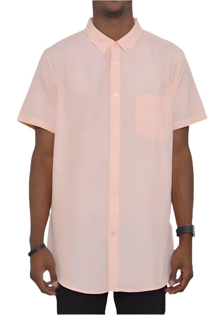 Men's light orange short sleeve shirt with a pocket and button-down front design